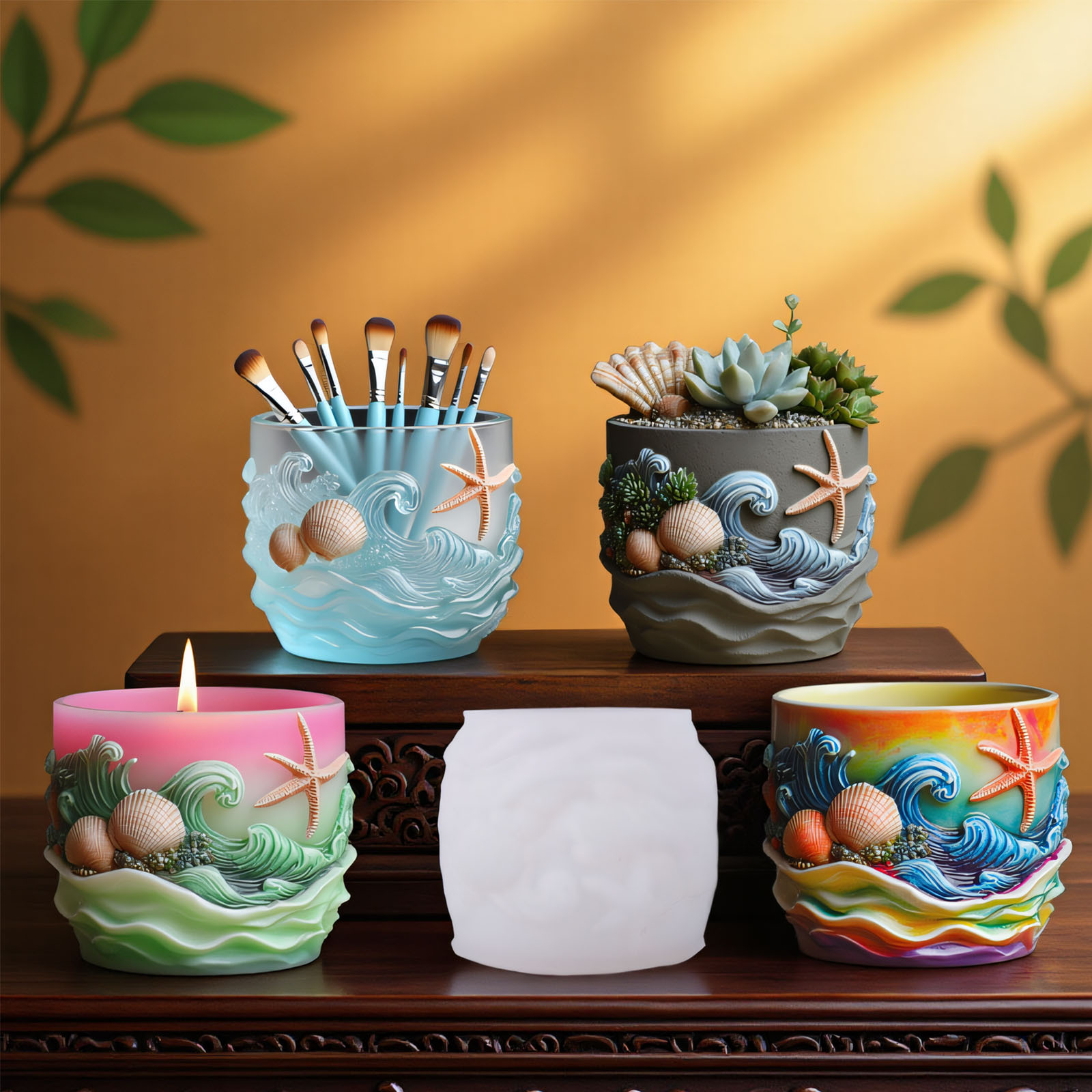 Ceramic Candle Vessel - Alivio de vida marina, maceta de